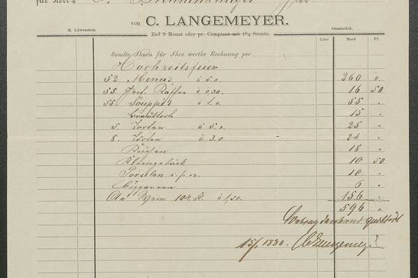 Invoice for coffee, cakes, pastries, cookies, and more for the wedding reception of Joseph Gerhard Brenninkmeijer (1851–1935) and Angela Johanna Lampe (1857–1921), January 8, 1880
